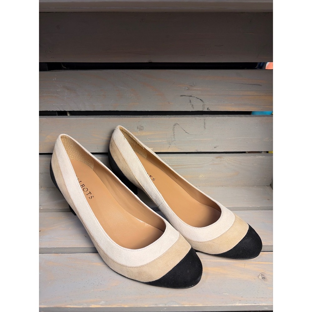 Talbots Rae Suede Colorblock Pumps Beige Cream Black Block Heel Shoes 8B Brazil